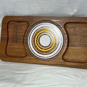 Vintage Dolphin Teak Snack Tray w/ Ceramic Dip Bowl | MCM